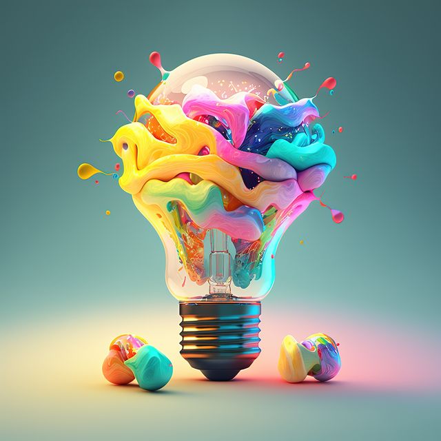 Conceptual illustration showing a glass light bulb with an explosion of vibrant, colorful paint splashes bursting from it. Represents creativity, new ideas, inspiration, and innovation. Perfect for use in marketing materials, advertisements, motivational posters, and creative industries.
