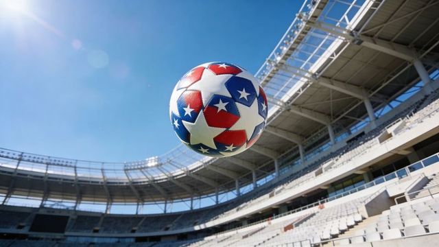 Hovering red-white-blue star-pattern soccer ball above empty modern stadium in bright sun