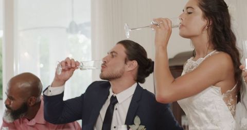 Newlyweds Sharing Toast at Wedding Reception with Guests