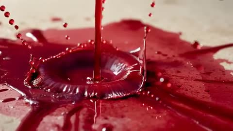 Pouring viscous red liquid forming crown, splashing and spreading on beige surface, macro slo-mo