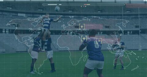 Digital Interface with World Map Overlaying Rugby Match
