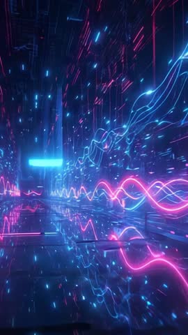 Cyberpunk Vertical Tunnel Loop with Neon Waveforms and Mirrored Reflections for Motion