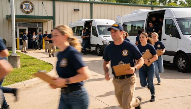 Law enforcement team sprinting from vans during outdoor tactical training exercise