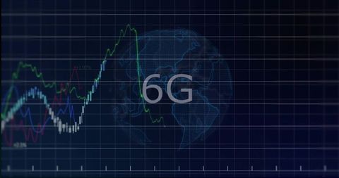6G network concept showing wireframe globe, data charts and neon grid for telecom