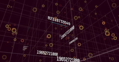 Floating numbers receding in 3d wireframe grid with glowing data spheres