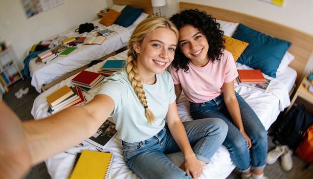 Smiling college roommates posing for selfie on dorm bed with notebooks and study materials