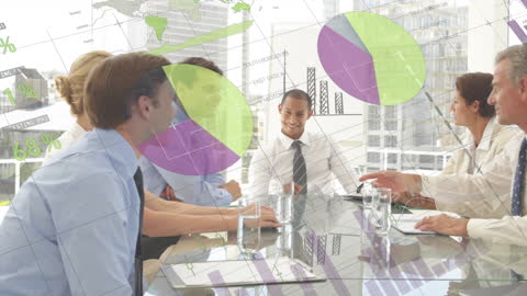 Business Team Collaborating with Financial Analytics Overlays