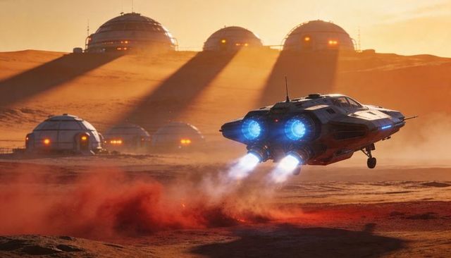 Futuristic VTOL Hovering Over Red Desert Outpost at Sunset with Twin Blue Thrusters