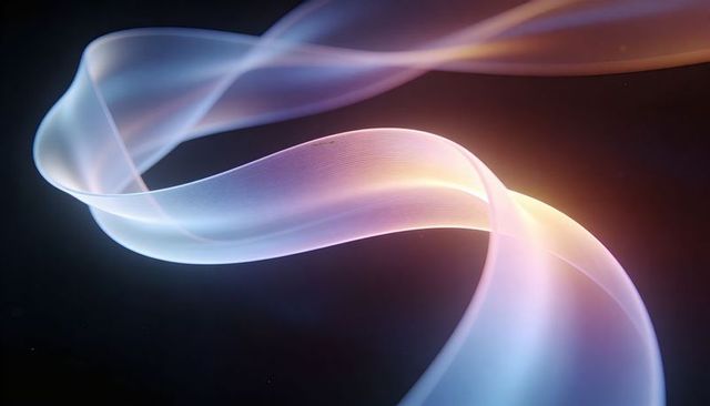 Luminous iridescent ribbon flowing through dark space with warm gradient glow