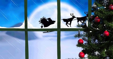 Santa Claus Silhouette with Reindeer by Christmas Tree