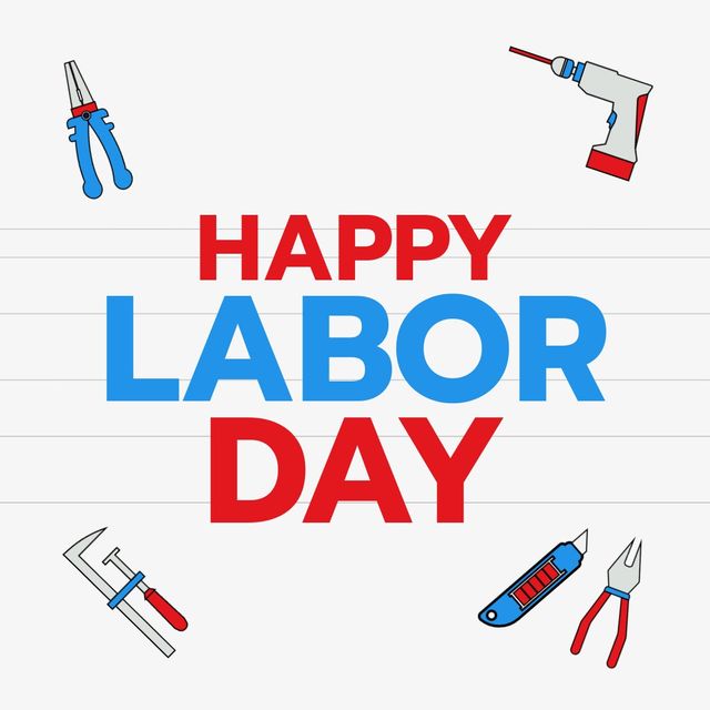 Vector image of happy labor day text with work tools on white background, copy space. Federal holiday, honor and recognize the american labor movement, appreciation of works and contributions.
