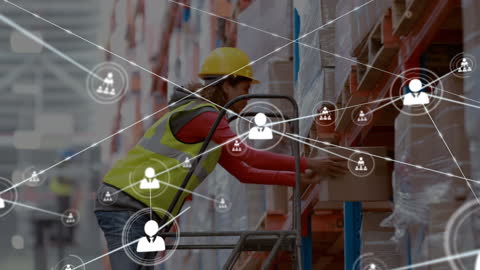 Warehouse Worker Organizing logistics Superimposed with Network Connections