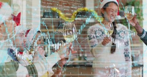 Toasting holiday gathering wearing sweaters and holding wine with stock market overlay