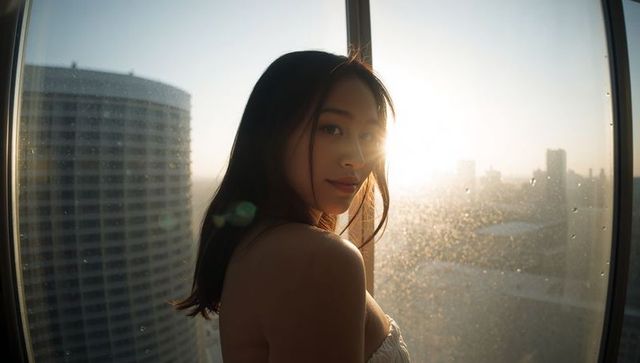 Backlit asian woman looking back toward lens at suite window during golden hour skyline