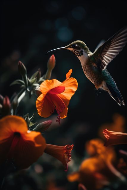 Hummingbird hovering by yellow flower in sunlight, created using generative ai technology. Beauty in nature, wildlife, agility and feeding concept digitally generated image.