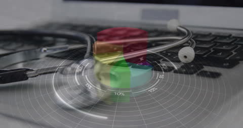 Animated Data Processing Overlaid on Stethoscope and Laptop