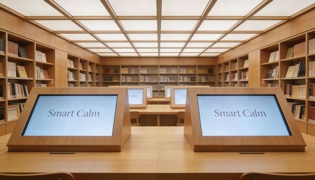 Minimalist library featuring wooden touchscreen kiosks displaying smart calm, timber interiors