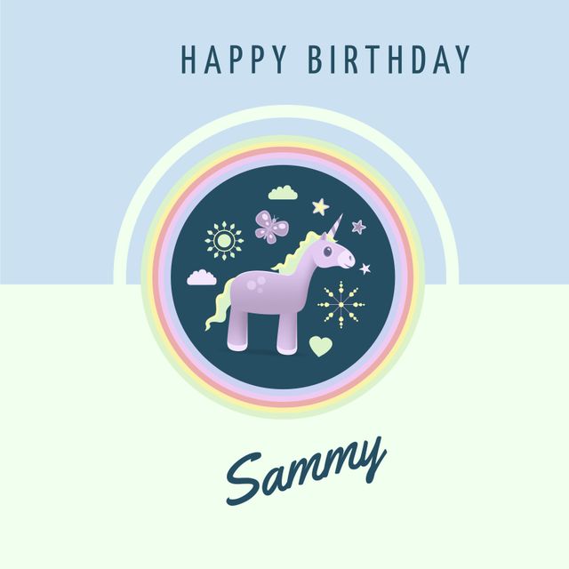 Illustrated unicorn birthday card perfect for kids' celebrations. Features playful design with unicorn, stars, and rainbow elements. Ideal for adding a joyful and magical touch to birthday invitations or messages.