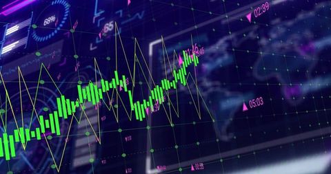Neon Candlestick Chart Climbing on Futuristic Trading Dashboard with Holographic Analytics