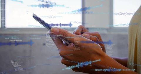 Woman tapping smartphone showing audio waveforms and code overlays for mobile data