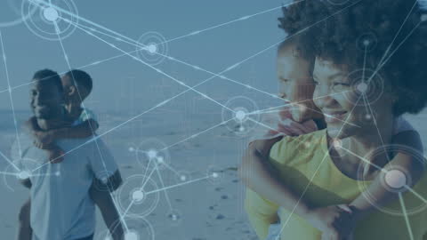 Happy Family Enjoying Beach with Digital Connections Overlay