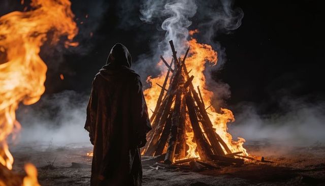 Hooded figure standing before towering bonfire at night with rising smoke