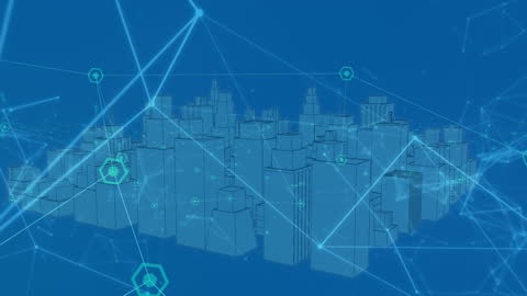 Digital Cityscape with Network Connections Over Blue Background