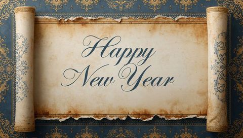 Happy New Year on Vintage Rolled Parchment with Gold Damask Filigree Elegant Ornate Banner