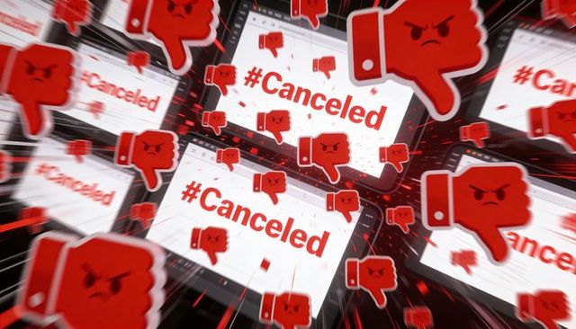 Exploding cancel culture backlash featuring #canceled hashtag and red thumbs-down icons