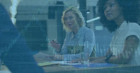 Business Meeting with Financial Data Processing Overlay