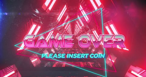 Retro game over neon tunnel with 'please insert coin' message