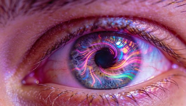 Neon spiral iris macro capturing futuristic eye vortex with rainbow light reflections