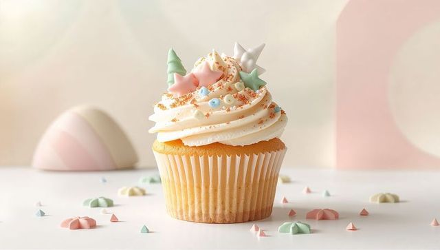 Vanilla cupcake featuring buttercream swirl and pastel star sprinkles