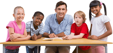 Transparent Teacher with Diverse Students Smiling Together