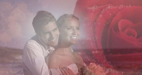 Romantic Wedding Bliss with Rose Overlay at Beach