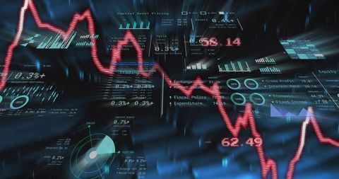 Red jagged market line visualizing volatility on futuristic financial data dashboard