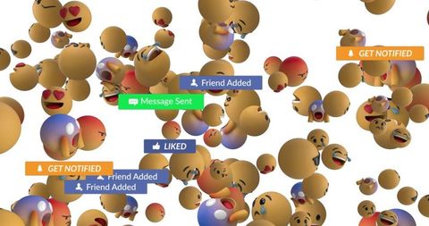 Falling emojis and social media notifications on white background