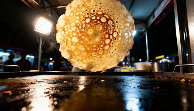 Flipping crispy crepe tossing above hot griddle at night market stall