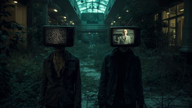 Dystopian Figures with Television Heads in Abandoned Mall
