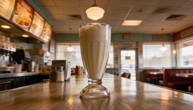 Classic diner milkshake on counter with warm pendant light and nostalgic retro atmosphere