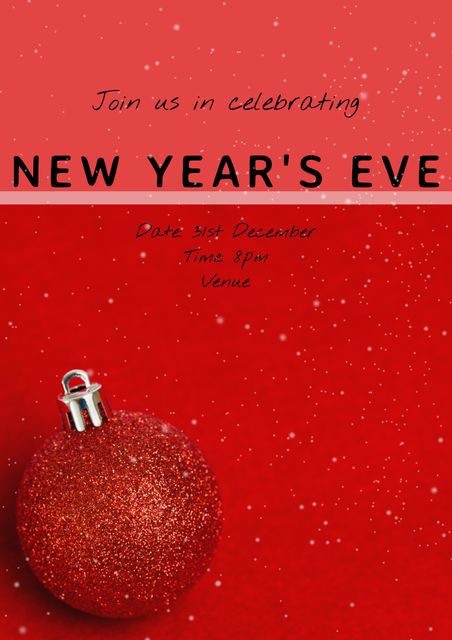 Festive New Year's Eve invitation card featuring a red bauble and sparkles on a red background. Ideal for printing or digital use to invite guests to a New Year's Eve party. Perfect for event organizers, party planners, and anyone hosting a holiday celebration to create a warm and festive atmosphere.
