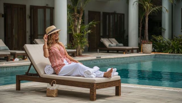 Woman relaxing on poolside lounger wearing straw hat and white pants at tropical resort