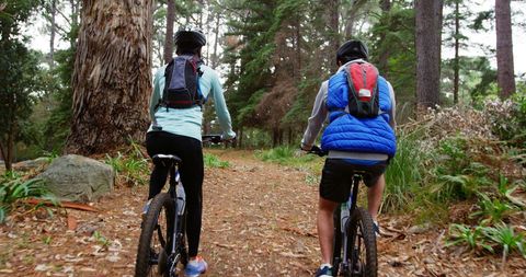 this visually appealing scene captures two young adults cycling through a forest path, focusing on nature and adventure. ideal for promoting outdoor activities, leisure travel, hiking guides, and eco-tourism. useful in articles discussing the benefits of cycling, connecting with nature, and exploring woodland trails.