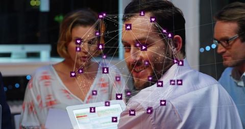 Networking technology overlay with diverse businesspeople in office