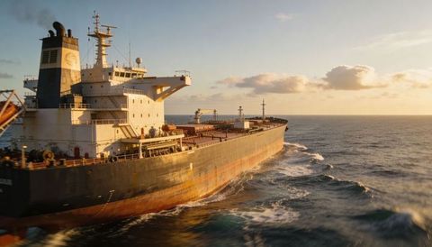 Bulk carrier cutting through ocean at golden hour with rusted hull and large wake