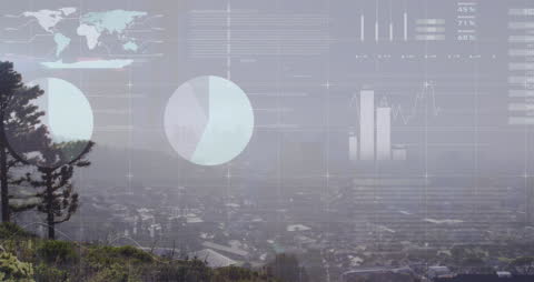 Cityscape with Futuristic Statistical Data Visualization Overlays