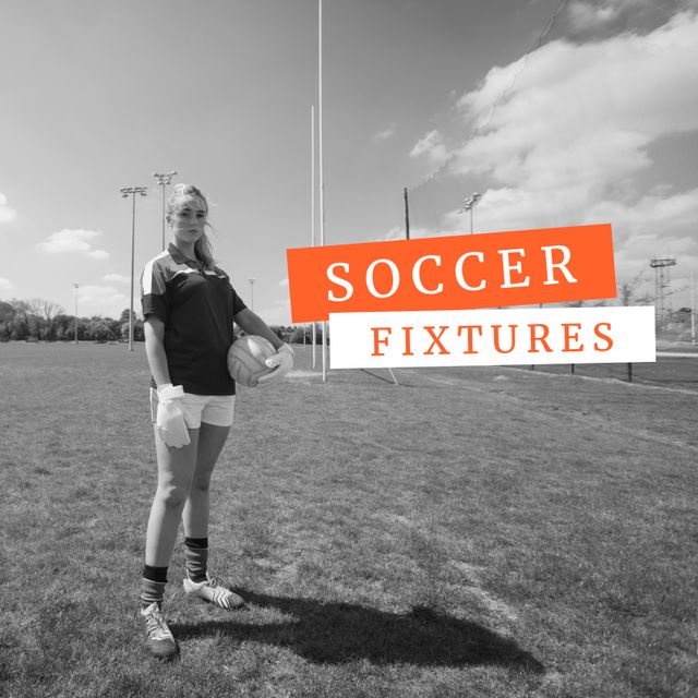 Square image of soccer fixtures over caucasian female player in black and white. Soccer, training, competition and sport concept.