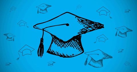 Graduation caps illustrations on light blue background