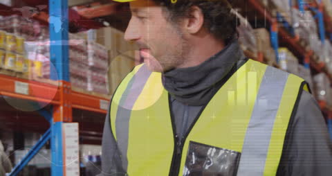 Warehouse Worker Overlaid with Data Visualizations of Global Shipping