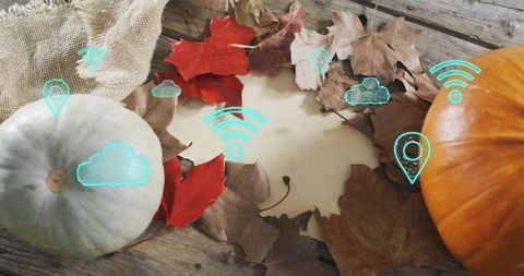 Framing blank parchment with pumpkins and maple leaves rustic autumn centerpiece, turquoise tech ico